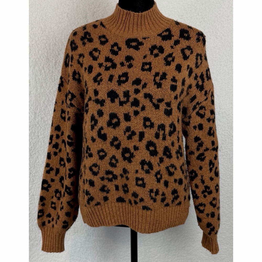 OLD NAVY • Brown Leopard Print Mock-Neck Long Sleeve Knit Sweater, XS - Picture 2 of 14